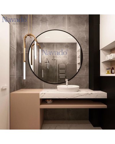 Gương tròn phòng tắm viền inox mạ đen navado