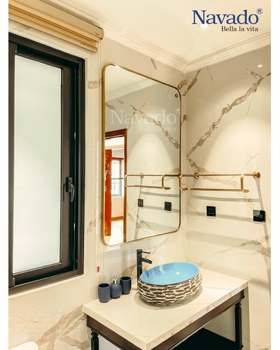 Gương phòng tắm chữ nhật khung inox mạ vàng luxury
