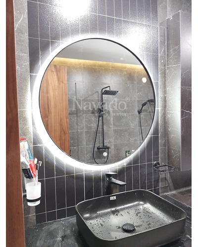 Gương tròn phòng tắm đèn led cảm ứng viền inox đen cao cấp
